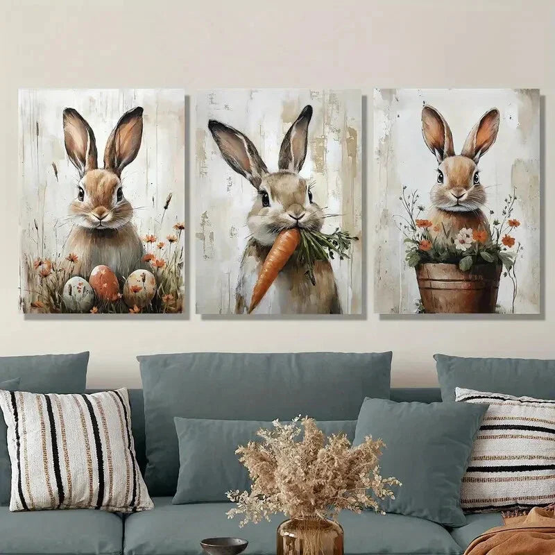 3pcs Rabbits with Eggs & Carrots, Spring Metal Print Ready to Hang Art