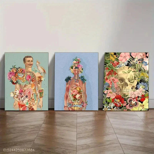 3pcs Unique Retro Human Anatomy Art Floral Metal Print Ready to Hang Art