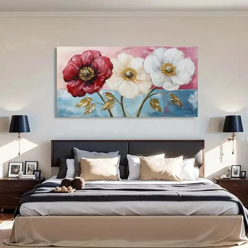 Red Poppies & Green Leaves Wall Art Canvas Office Home Room Framed 120x60cm