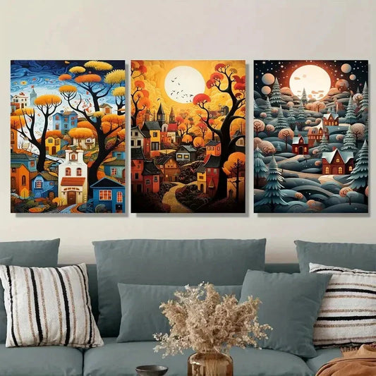 3pcs Autumn Landscape Triptych Colors Metal Print Ready to Hang Art