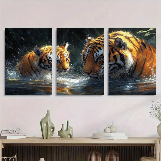 3pcs Tiger Oil Painting Bathing Metal Print Ready to Hang Art