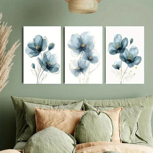 3pcs Elegant Minimalist Blue Floral Design Metal Print Ready to Hang Art