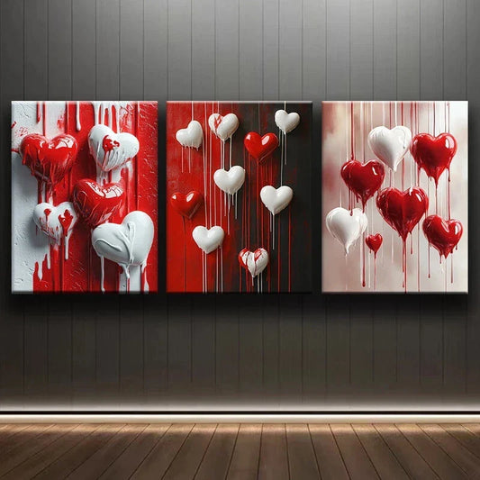 3pcs Red & White Heart Shapes Beautiful Metal Print Ready to Hang Art