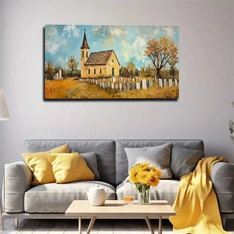 Rustic Cemetery Scene Vintage Wall Art Canvas Office Home Room Framed 120x60cm