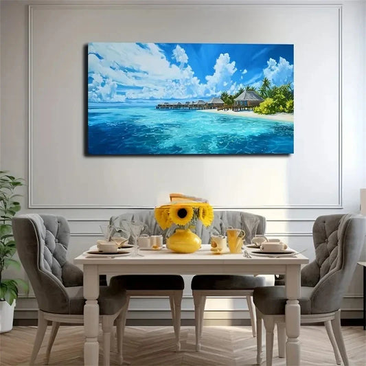 Vibrant Beach Scene Wall Art Canvas Office Home Room Framed 80x45cm