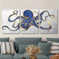 3pcs  Navy Golden Blue and Gray Abstract Octopus   Metal Print Ready to Hang Art