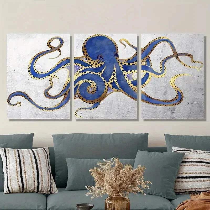 3pcs  Navy Golden Blue and Gray Abstract Octopus   Metal Print Ready to Hang Art