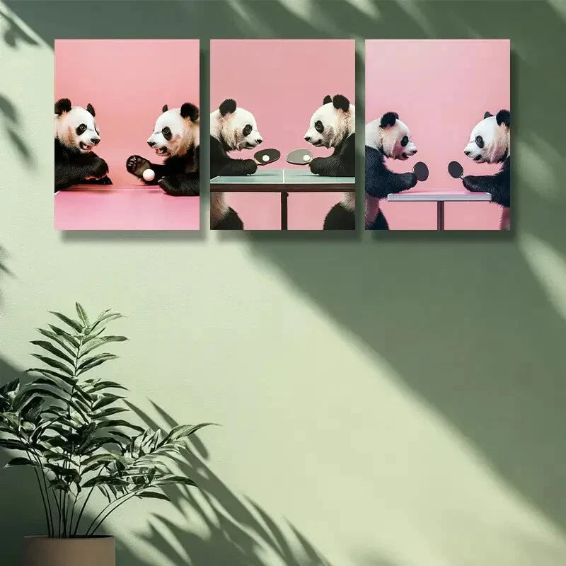 3pcs  Table tennis panda Art Painting Metal Print Ready to Hang Art