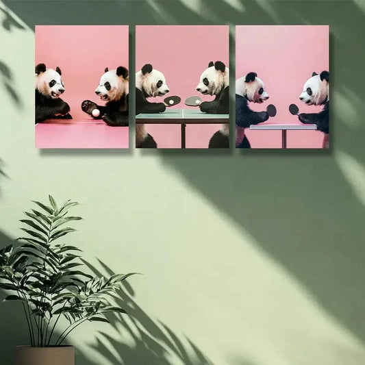 3pcs  Table tennis panda Art Painting Metal Print Ready to Hang Art