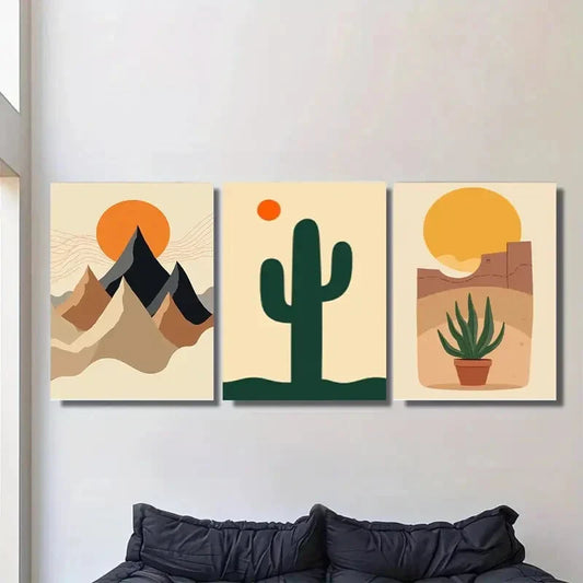 3pcs Abstract Cactus & Mountains, Pine Wood Metal Print Ready to Hang Art