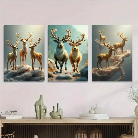 3pcs Deer Forest Elegant Classic Paintings Wall Art Set Canvas Framed 40x60cm - High Quality Print 100% Australian Made Wall Canvas Ready to Hang