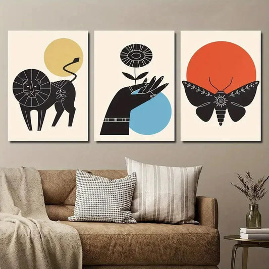 3pcs Geometric Lion, Butterfly & Floral Designs Metal Print Ready to Hang Art