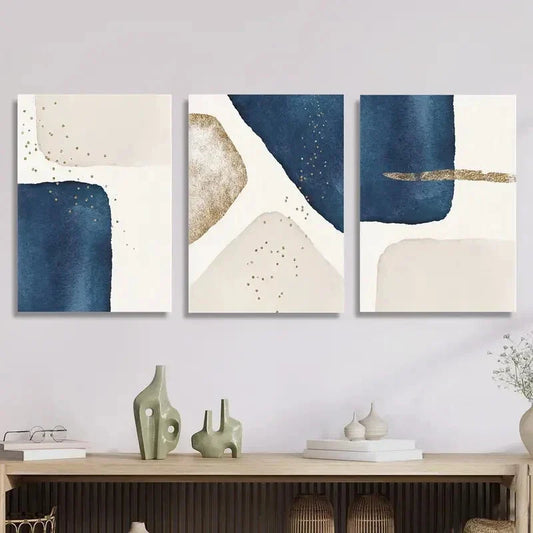 3pcs  Blue & Beige Geometric Design Wall Art Set Canvas Framed 40x60cm - High Quality Print 100% Australian Made Wall Canvas Ready to Hang