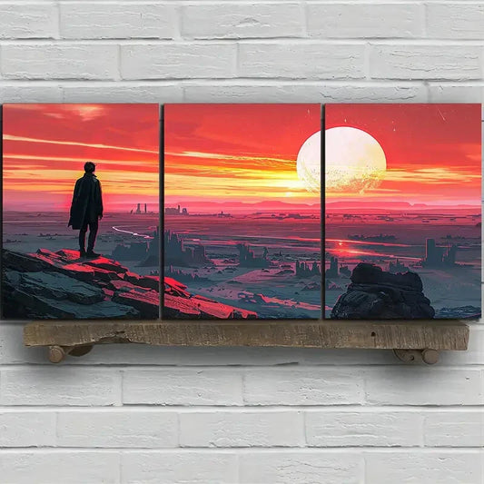 3pcs City of Ruins Sunset Man Standing Mountain Metal Print Ready to Hang Art