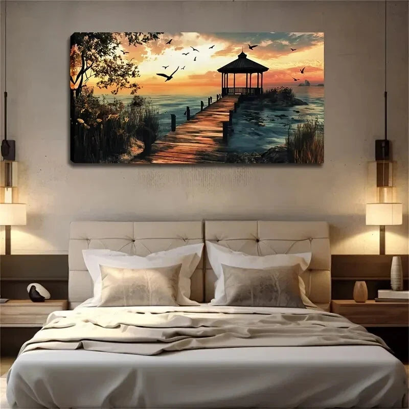 Serene Seaside Pavilion Scene Wall Art Canvas Office Home Room Framed 120x60cm