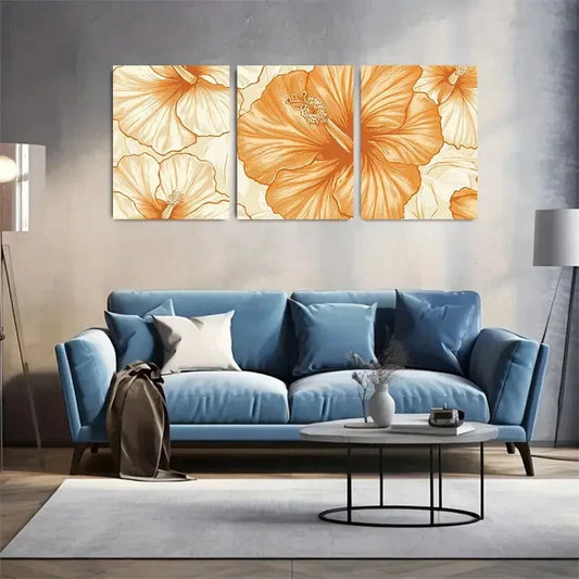 3pcs Orange and Cream Linocut Design Vibrant Metal Print Ready to Hang Art