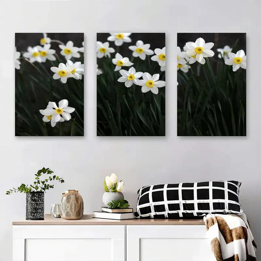 3pcs Elegant White Daffodil Flowers Metal Print Ready to Hang Art