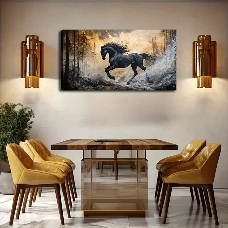 Realistic Black Horse in Forest Wall Art Canvas Office Home Room Framed 120x60cm