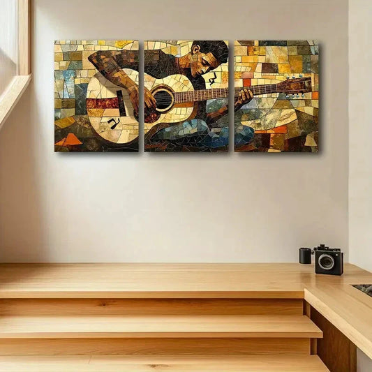 3pcs Vibrant Modern Mosaic Guitar Design Metal Print Ready to Hang Art