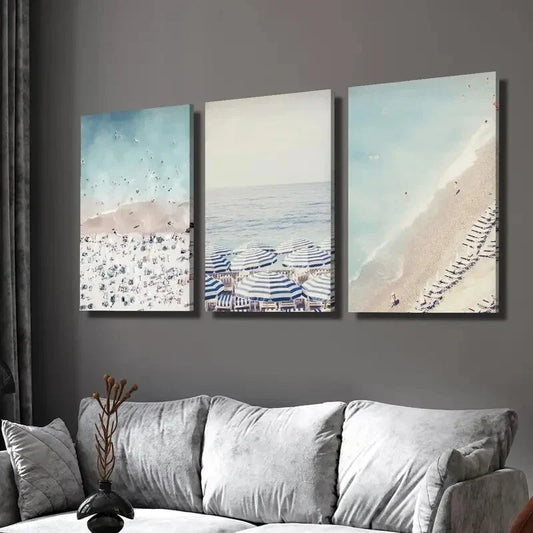 3pcs  Beach Umbrellas, Blue And White Wall Art Set Canvas Framed 40x60cm - High Quality Print 100% Australian Made Wall Canvas Ready to Hang