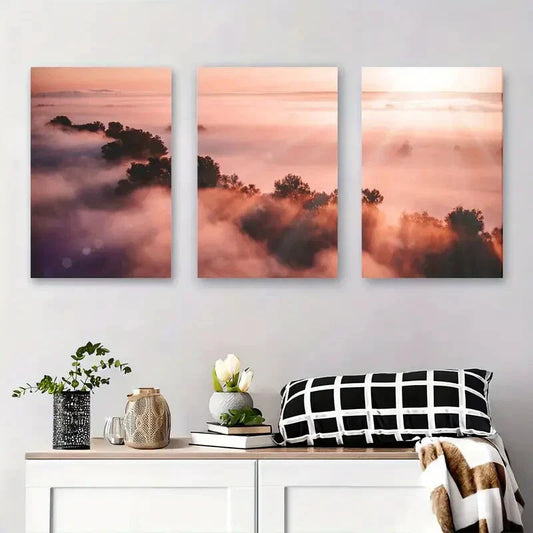 3pcs Tranquil Sunrise Fog Landscape Golden Metal Print Ready to Hang Art