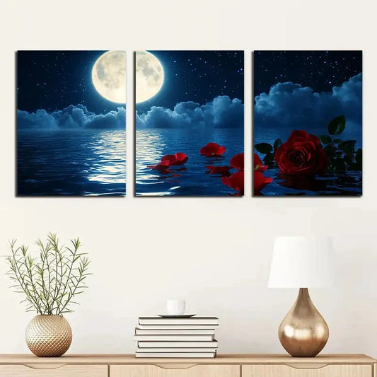 3pcs Beautiful Scenery Night Sky Red Rose Metal Print Ready to Hang Art
