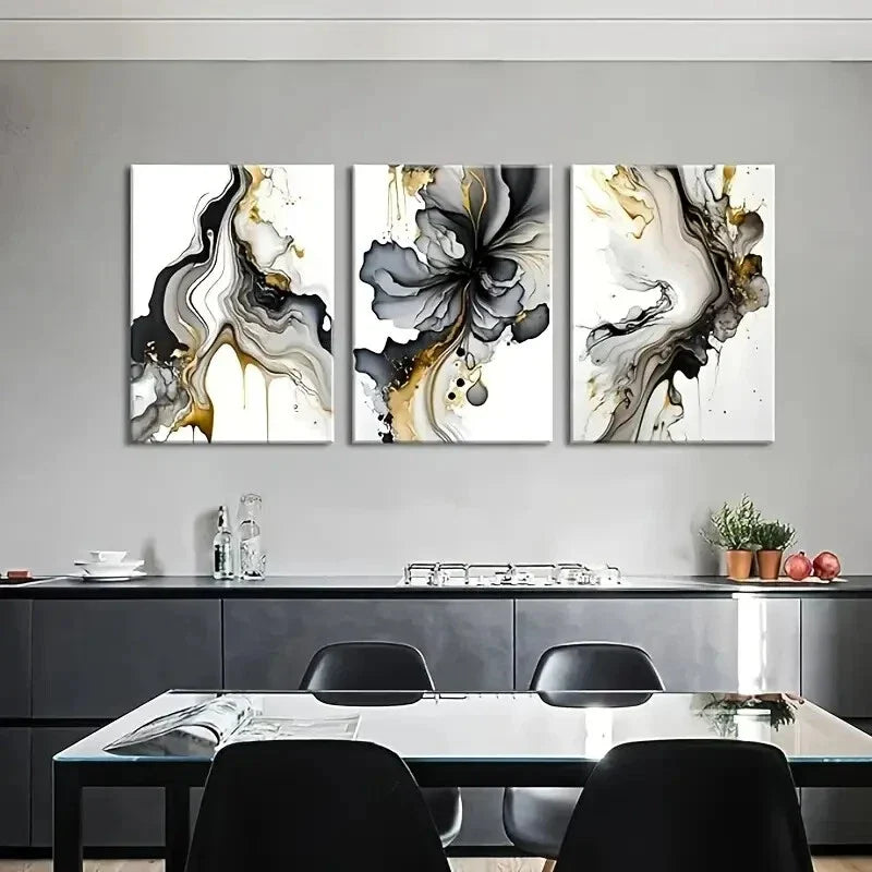 3pcs Black and Gold Abstract  Metal Print Ready to Hang Art