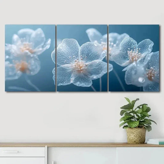 3pcs Elegant White Cherry Blossom Blue Perfect Wall Art Set Canvas Framed 40x60cm - High Quality Print 100% Australian Made Wall Canvas Ready to Hang