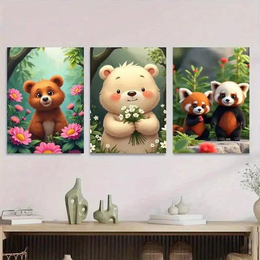 3pcs Charming Forest Friends Cute Bears & Pandas Wall Art Set Canvas Framed 40x60cm - High Quality Print 100% Australian Made Wall Canvas Ready to Hang