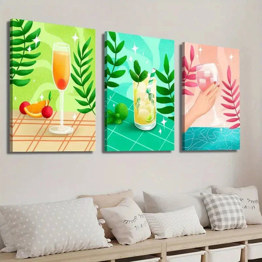 3pcs Vibrant Drink & Plant Leaf Designs Wall Art Set Canvas Framed 40x60cm - High Quality Print 100% Australian Made Wall Canvas Ready to Hang