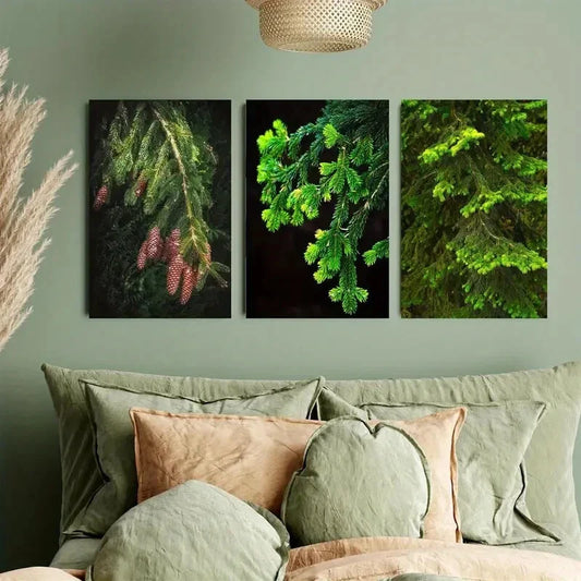 3pcs Bright Green Coniferous Branches Metal Print Ready to Hang Art