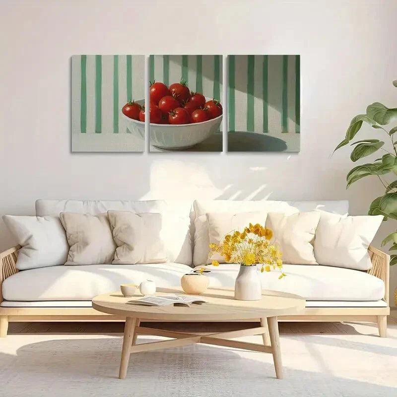 3pcs Vibrant Red Tomatoes with Green Stripes Metal Print Ready to Hang Art