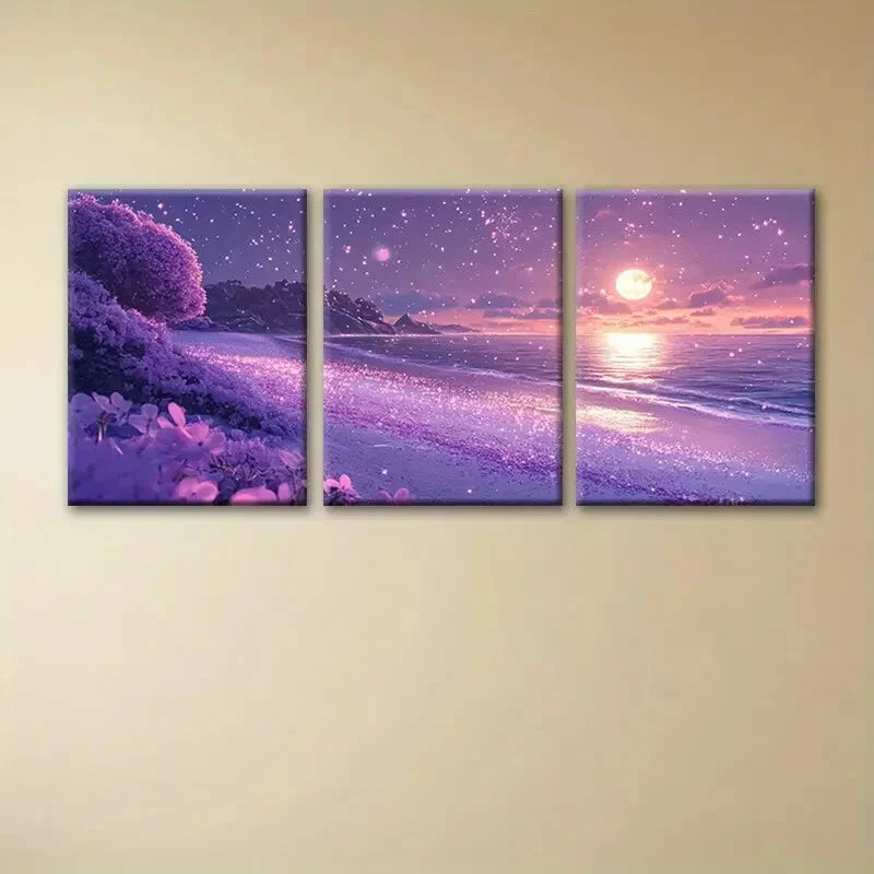 3pcs Dreamy Purple Flower Sea Starry Sky Metal Print Ready to Hang Art