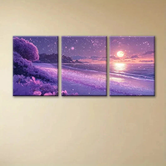 3pcs Dreamy Purple Flower Sea Starry Sky Metal Print Ready to Hang Art