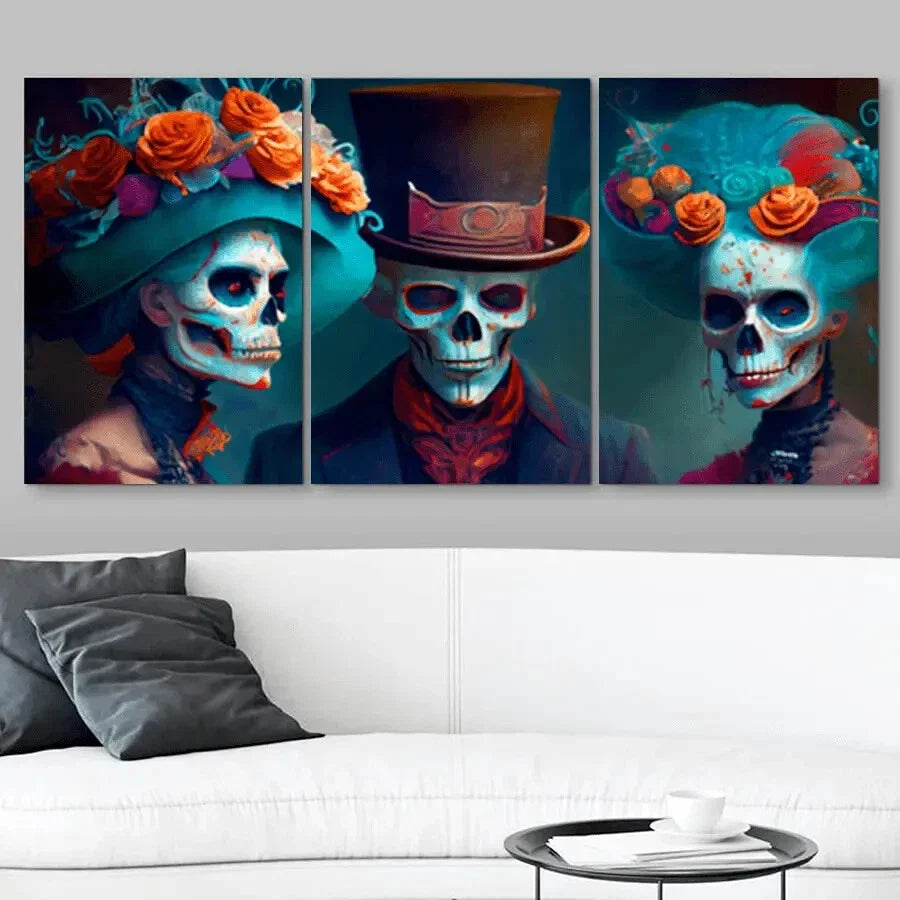 3pcs Skull Figures with Floral Hats & Expressive Metal Print Ready to Hang Art