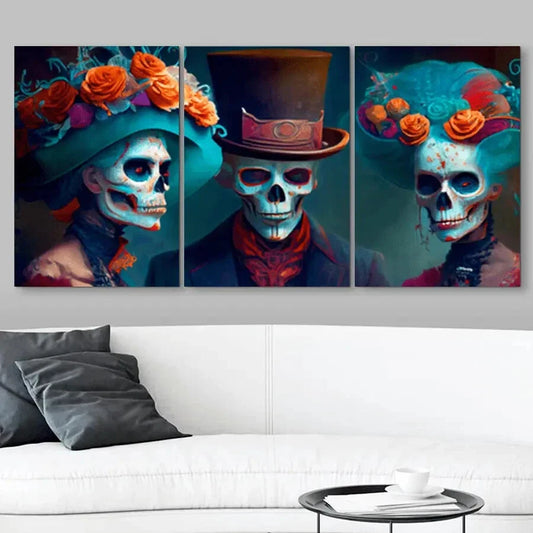 3pcs Skull Figures with Floral Hats & Expressive Metal Print Ready to Hang Art
