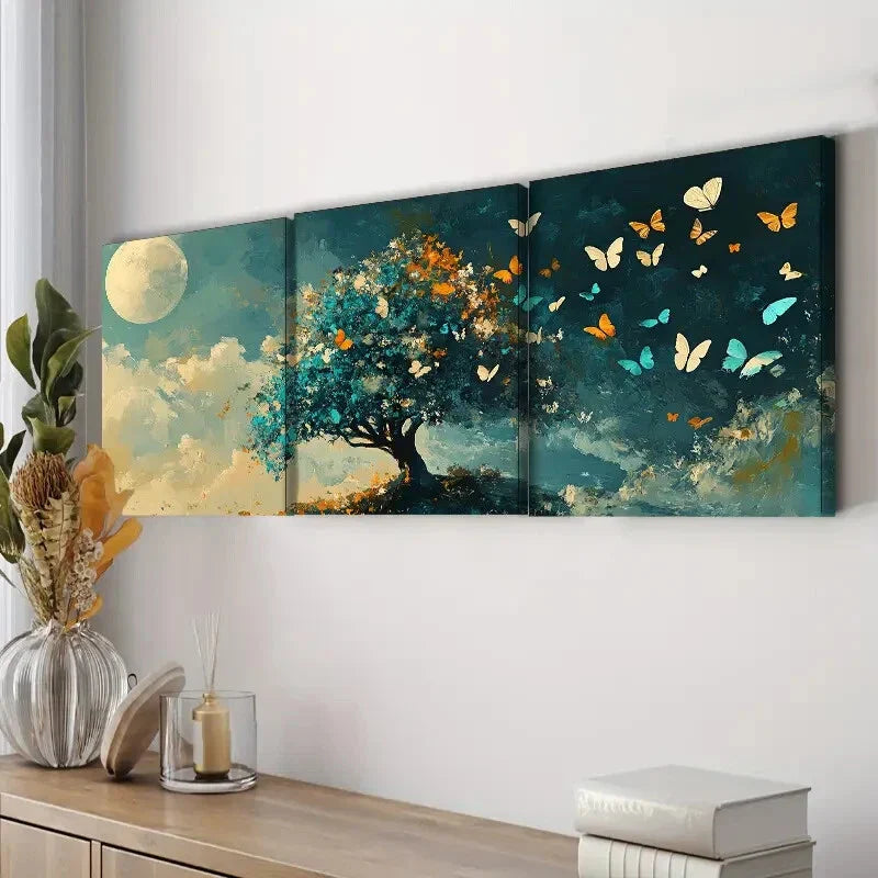 3pcs Butterfly Tree Design Durable Luxury Moon Wall Art Set Canvas Framed 40x60cm - High Quality Print 100% Australian Made Wall Canvas Ready to Hang