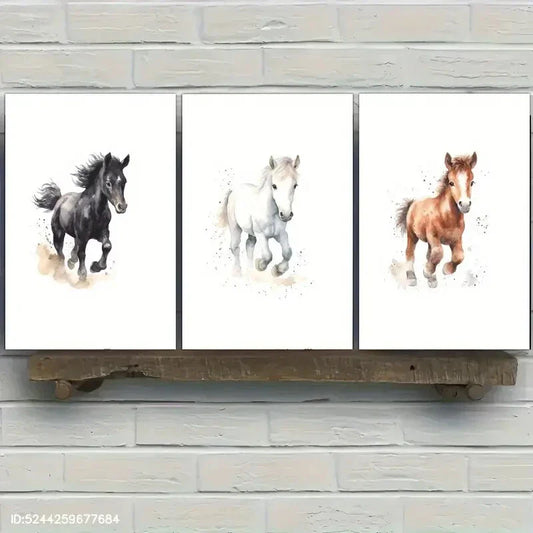 3pcs Horse Print Animal Portrait Art Poster Metal Print Ready to Hang Art