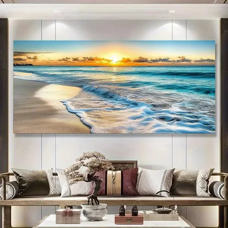 Modern Coastal Scene Vibrant Wall Art Canvas Office Home Room Framed 80x45cm
