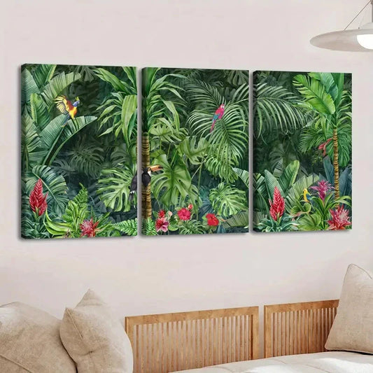3pcs Vibrant Tropical Jungle Colorful Bird Trees Wall Art Set Canvas Framed 40x60cm - High Quality Print 100% Australian Made Wall Canvas Ready to Hang