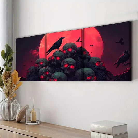 3pcs Gothic Skulls and Crow Red Darkness Fear Wall Art Set Canvas Framed 40x60cm - High Quality Print 100% Australian Made Wall Canvas Ready to Hang