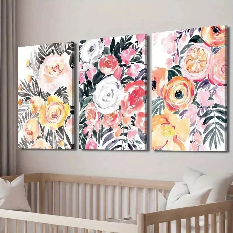 3pcs Botanical Colorful Flowers and Plant Leaves Wall Art Set Canvas Framed 40x60cm - High Quality Print 100% Australian Made Wall Canvas Ready to Hang