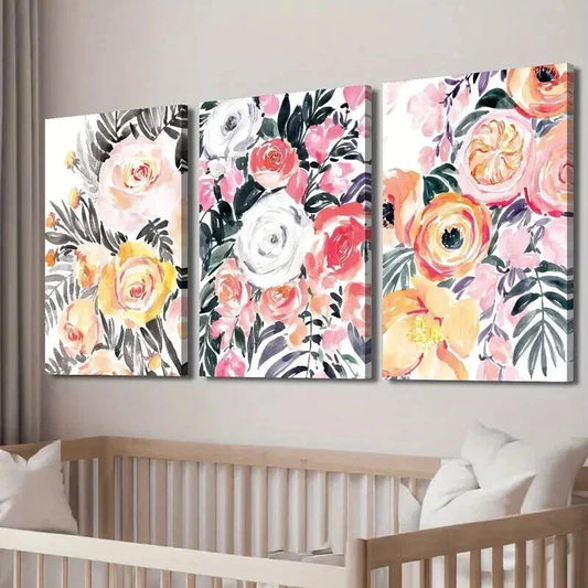 3pcs Botanical Colorful Flowers and Plant Leaves Wall Art Set Canvas Framed 40x60cm - High Quality Print 100% Australian Made Wall Canvas Ready to Hang