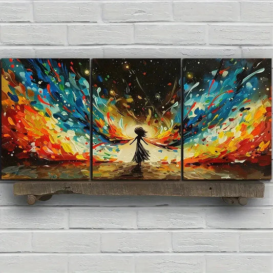 3pcs Colourful Phoenix Girl Blue & Yellow Metal Print Ready to Hang Art
