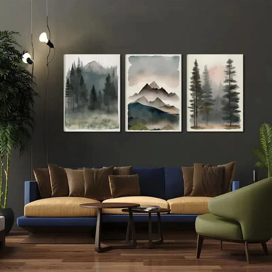 3pcs Pine Tree Mountain Range  Metal Print Ready to Hang Art
