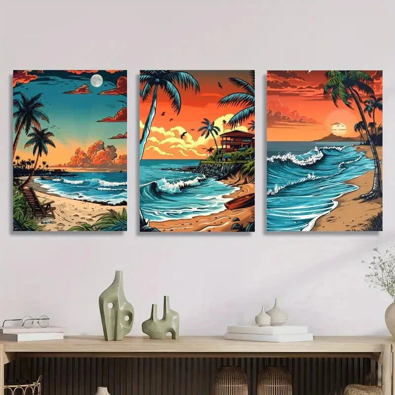 3pcs Tropical Beach Sunset Metal Print Ready to Hang Art