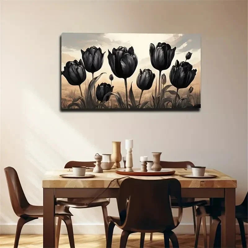 Black Tulips Dormitory Wall Art Canvas Office Home Room Framed 120x60cm