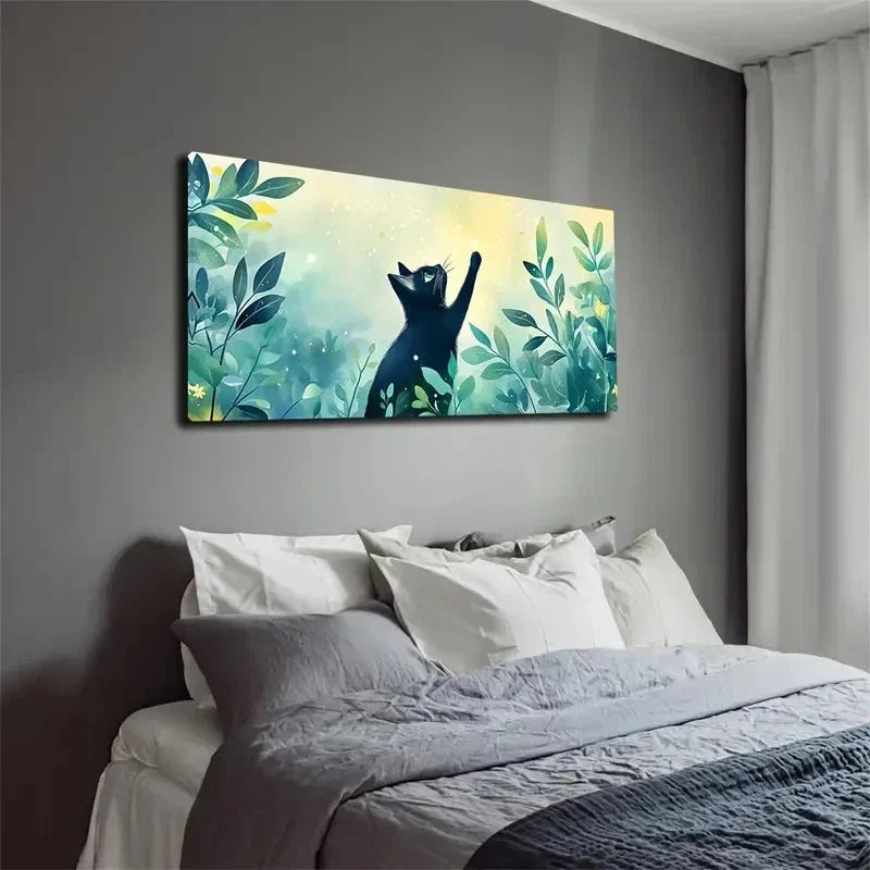 Watercolor Black Cat in Green Wall Art canvas office home room framed 120x60cm