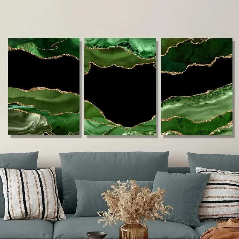 3pcs Dark Green Stone Texture with Golden Accents  Metal Print Ready to Hang Art