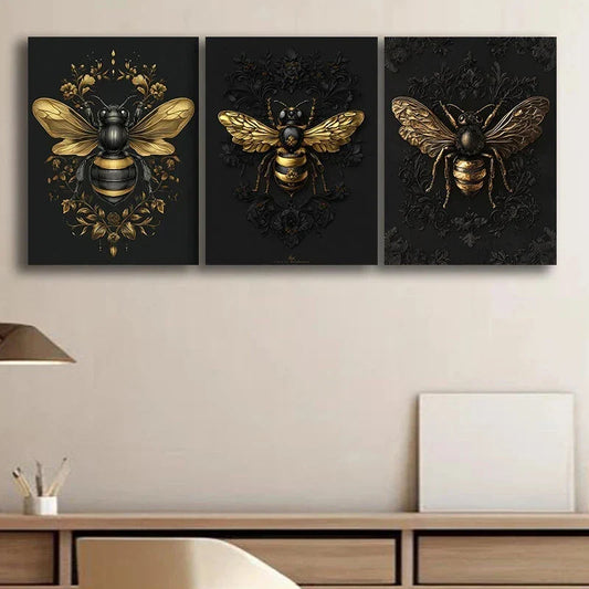 3pcs Black & Stunning Golden Bees Metal Print Ready to Hang Art